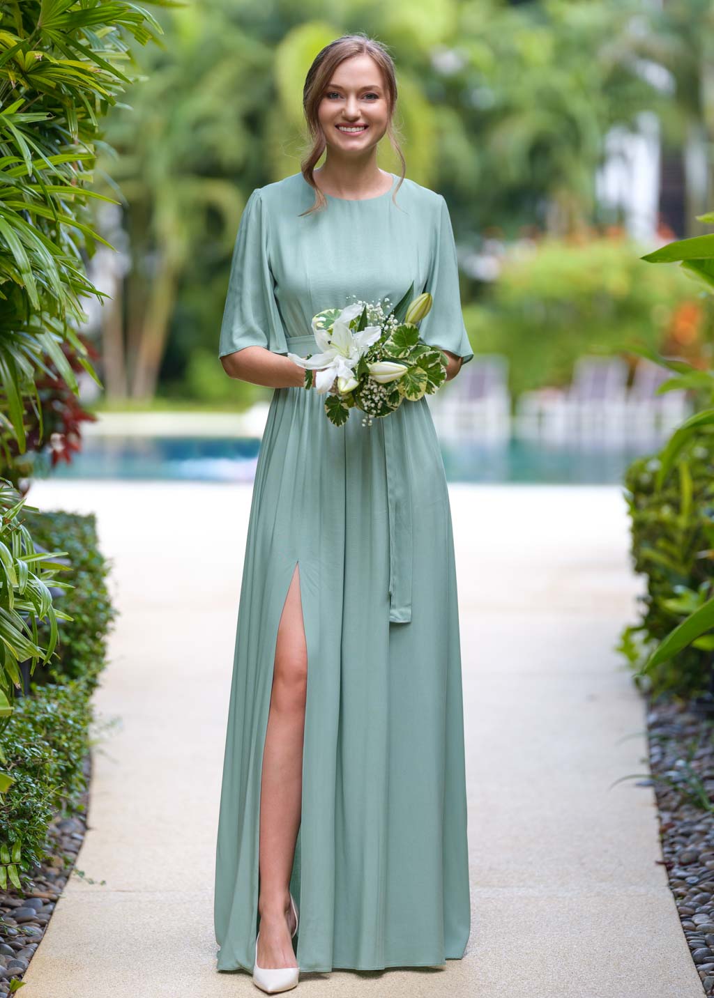 Sage green long dress with belt