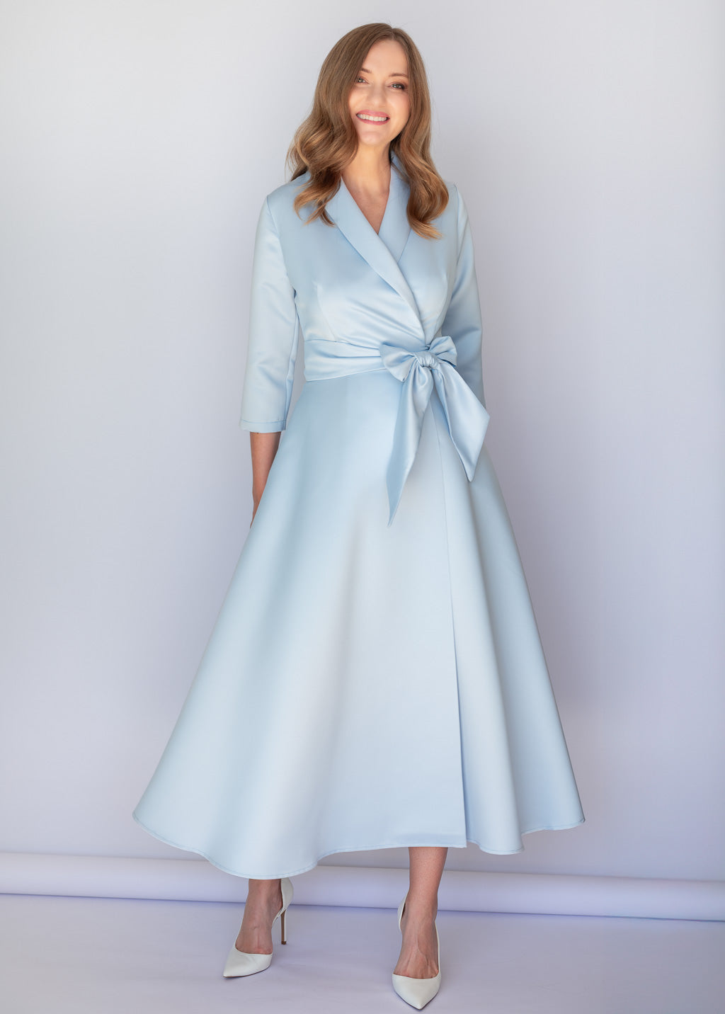Dusty Blue Luxury Satin Midi Wrap Dress