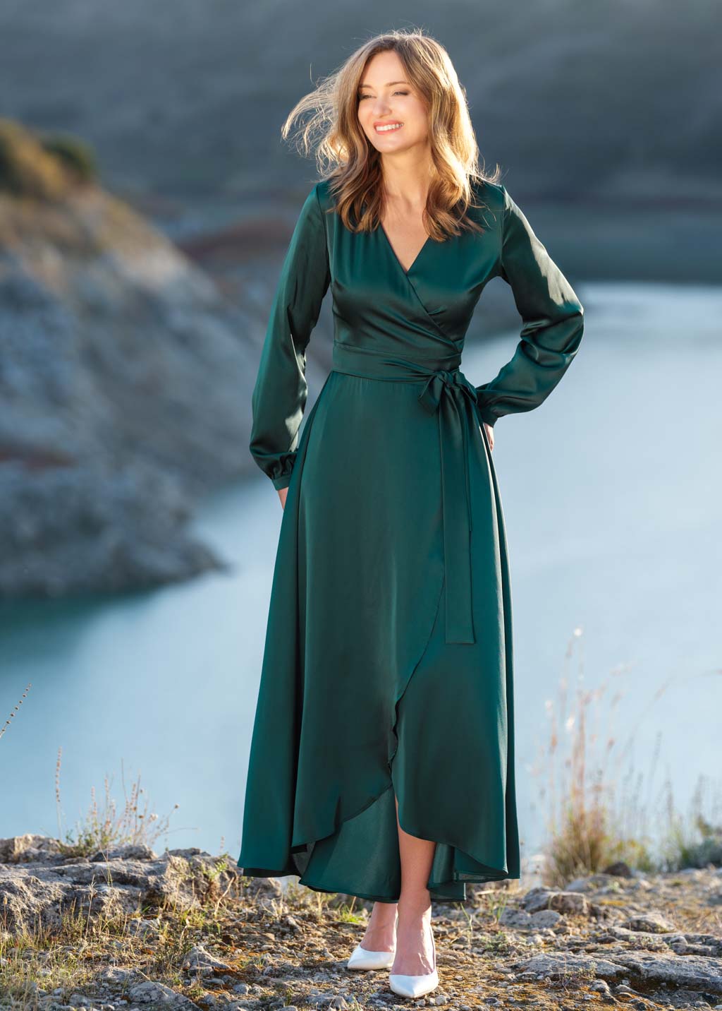 Dark green wrap silk dress