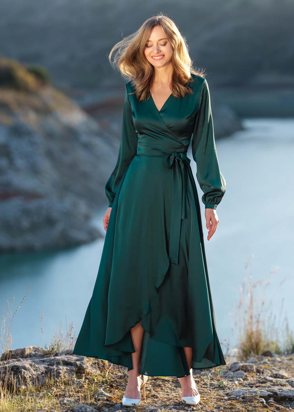 Dark green wrap silk dress