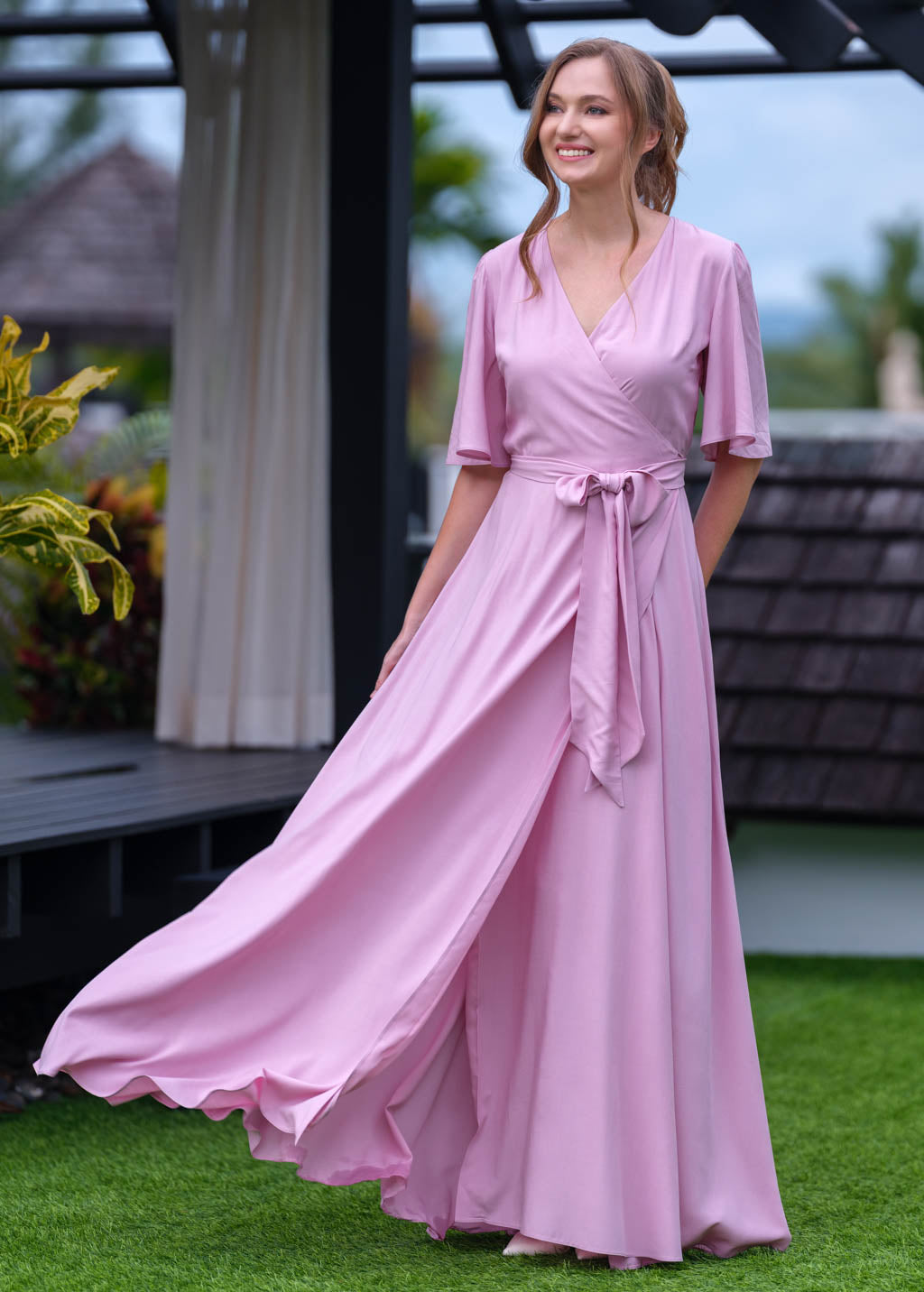 Rose pink romantic wrap dress