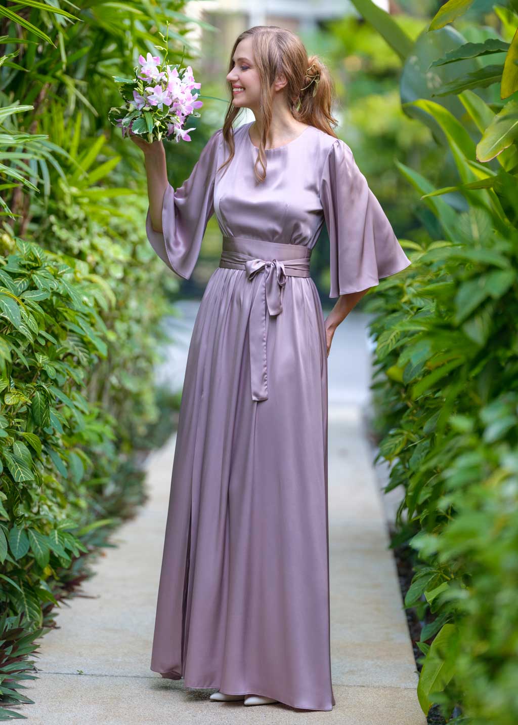 Taupe silk dress with belt