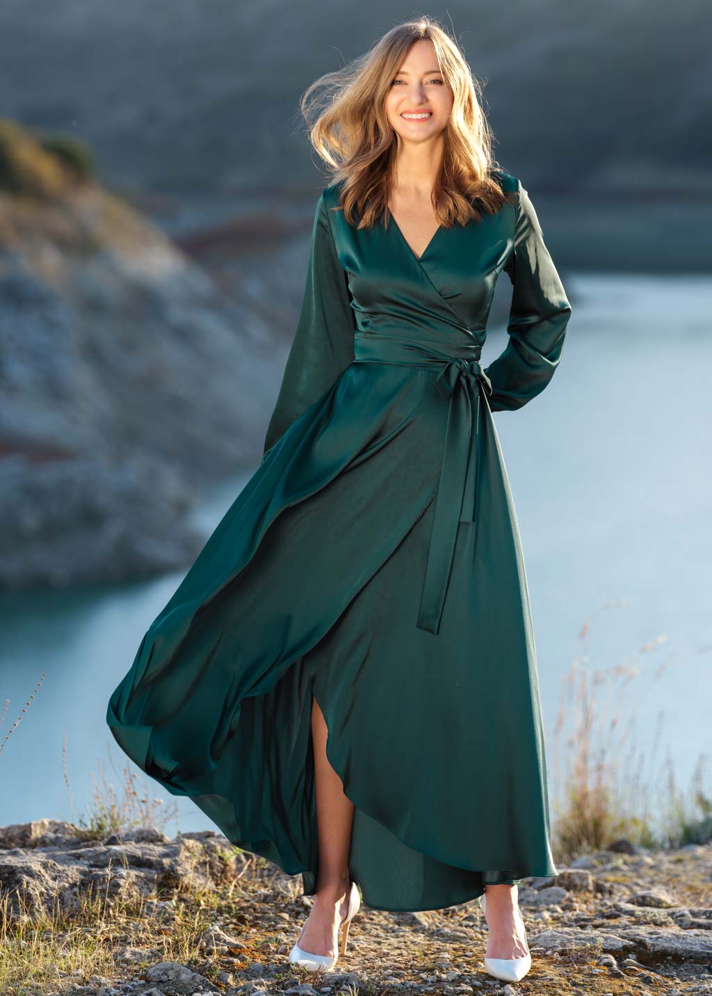 Dark green wrap silk dress