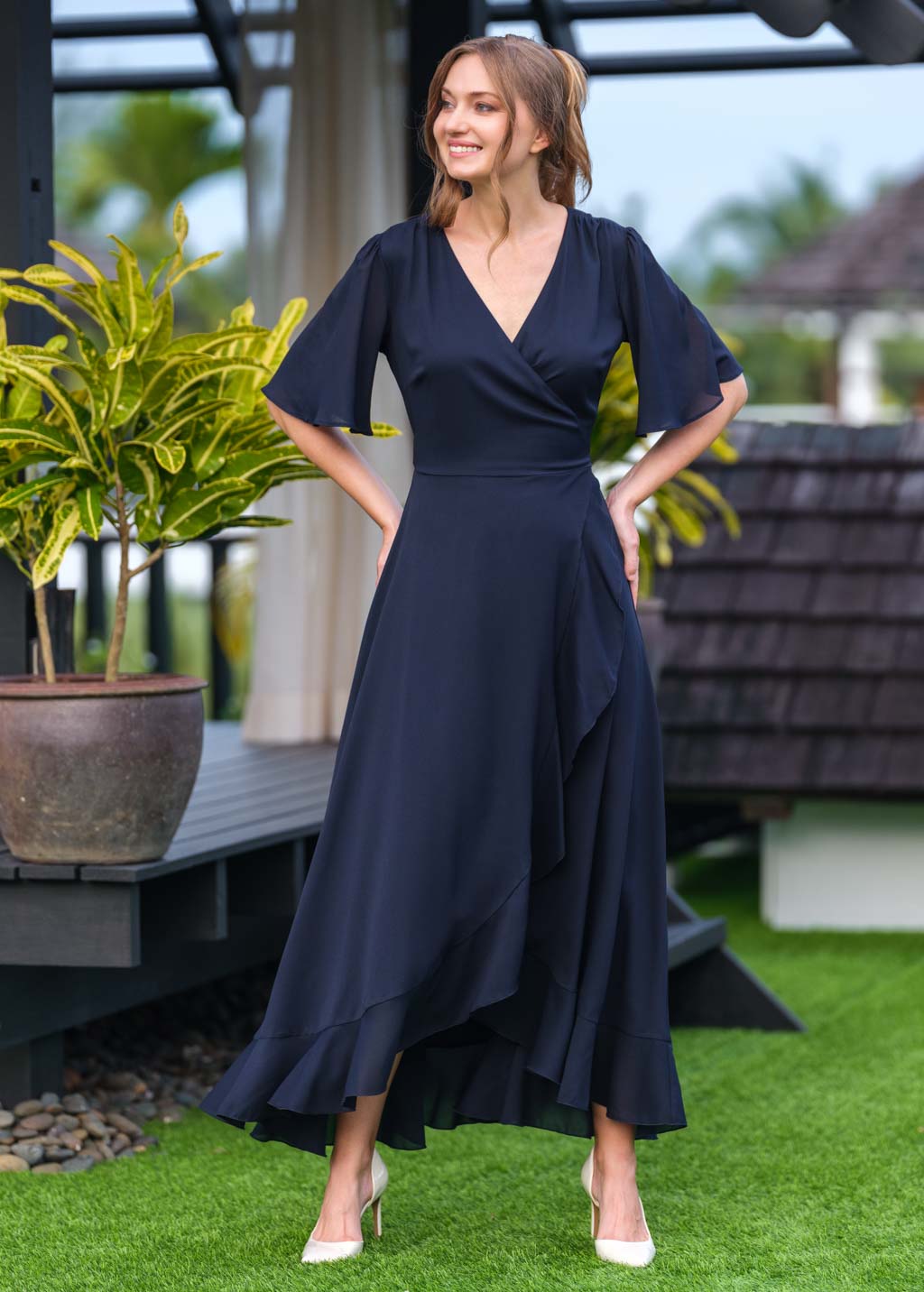 Navy blue chiffon wrap dress