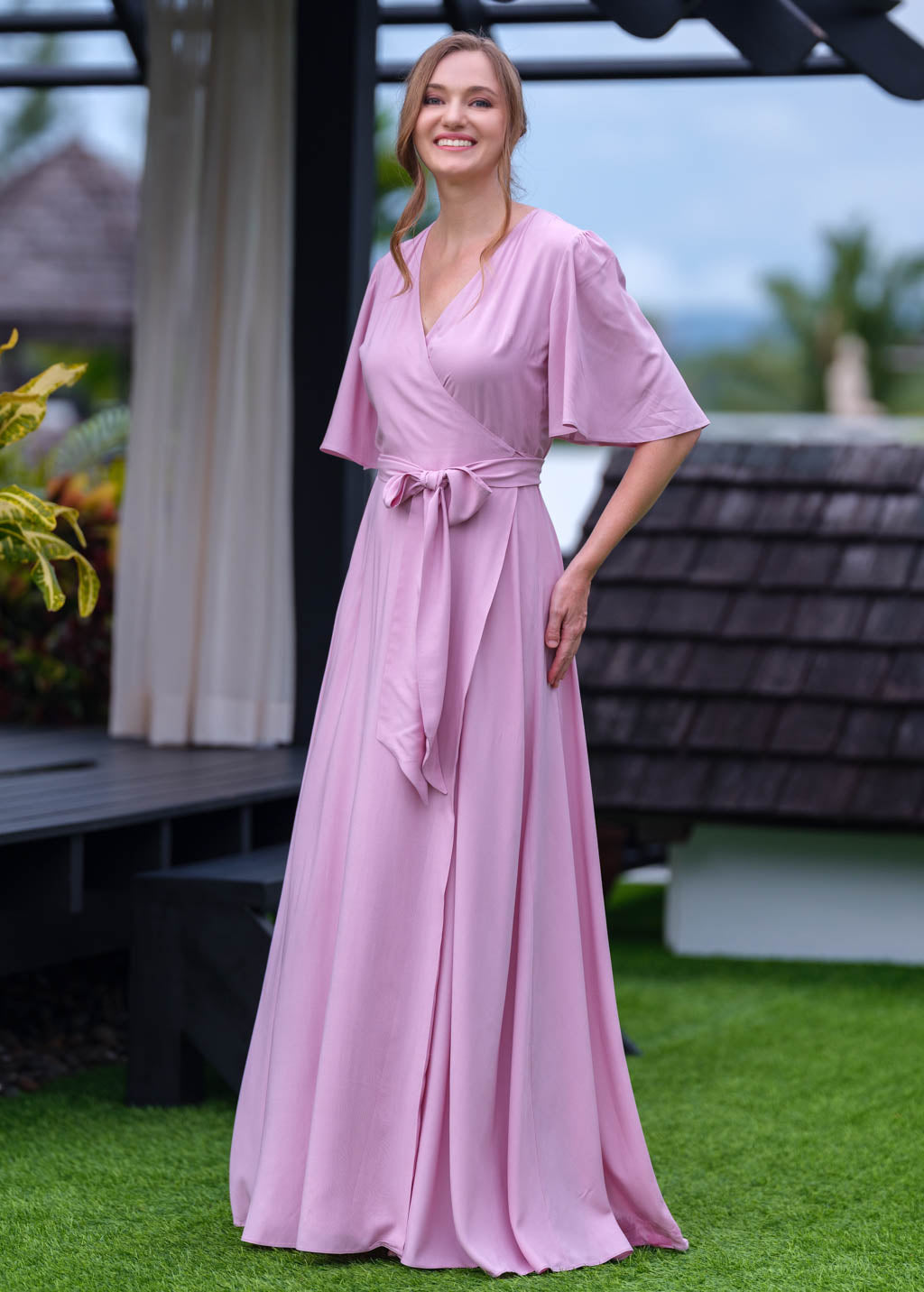 Rose pink romantic wrap dress