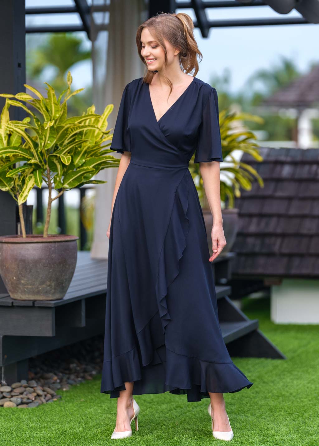 Navy blue chiffon wrap dress
