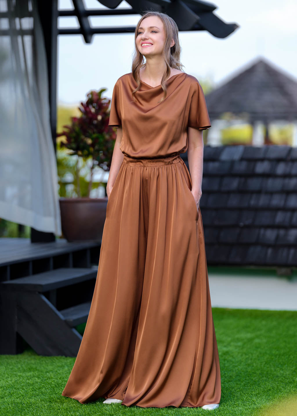 Copper gold silk jumpsuit