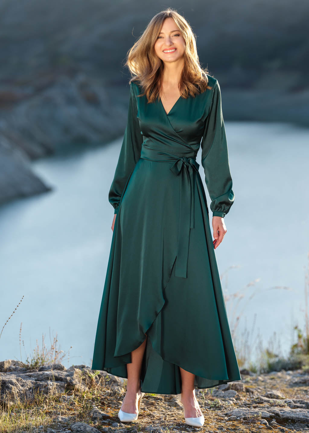 Dark green wrap silk dress