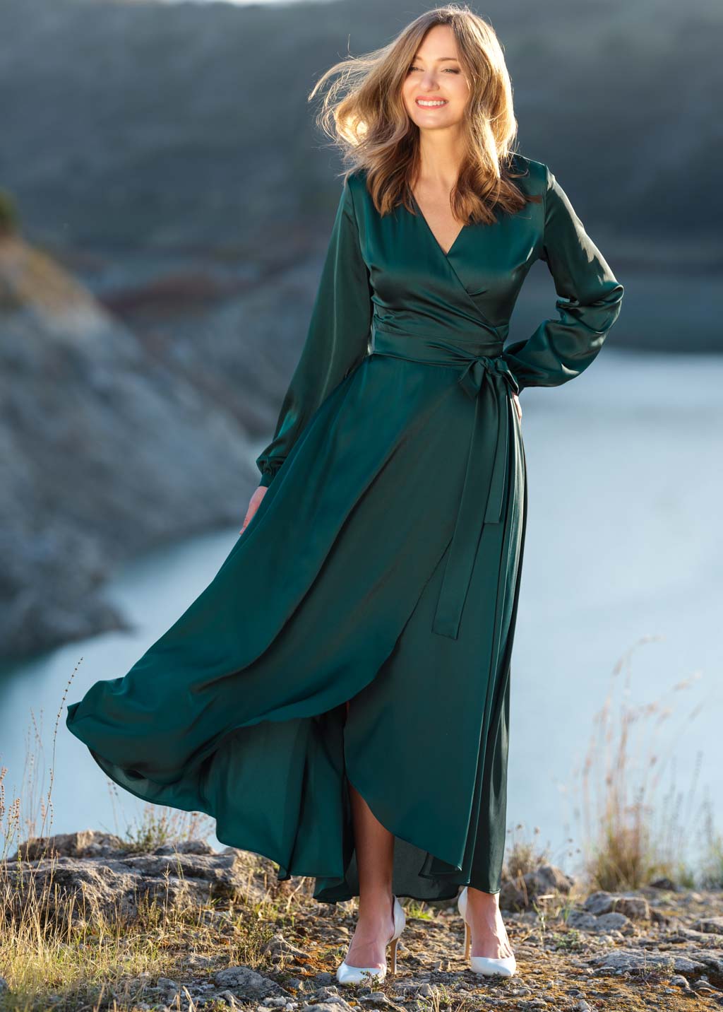 Dark green wrap silk dress