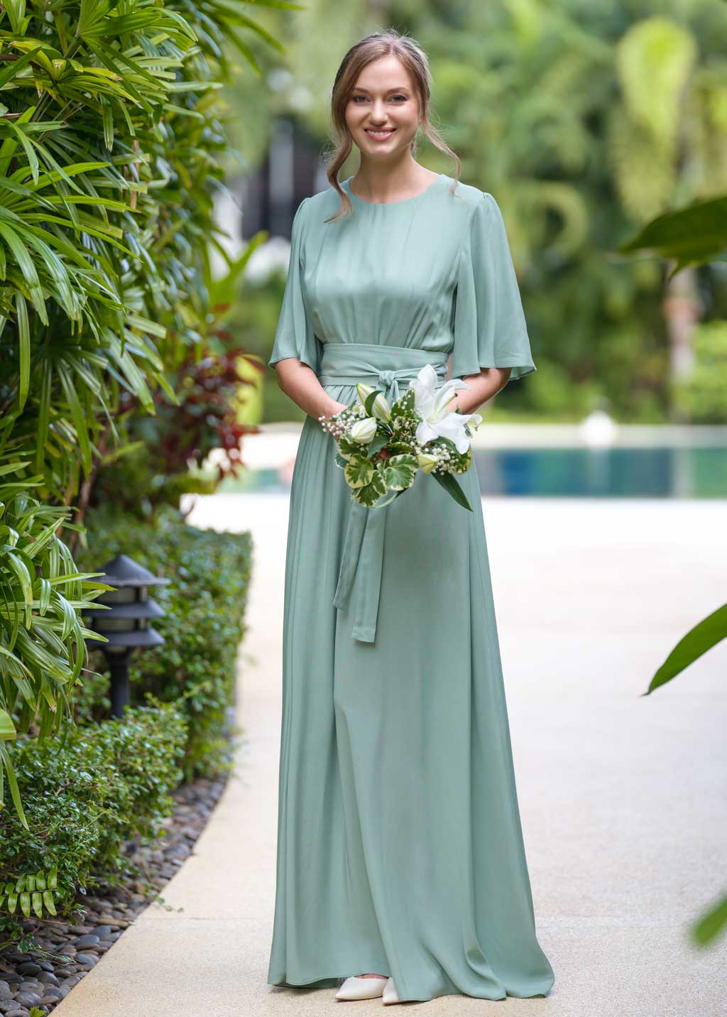 Sage green slit dress with belt
