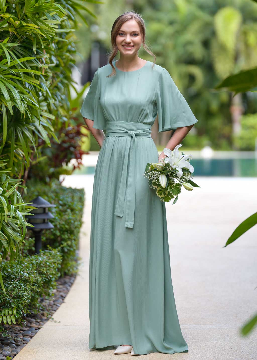 Sage green slit dress with belt