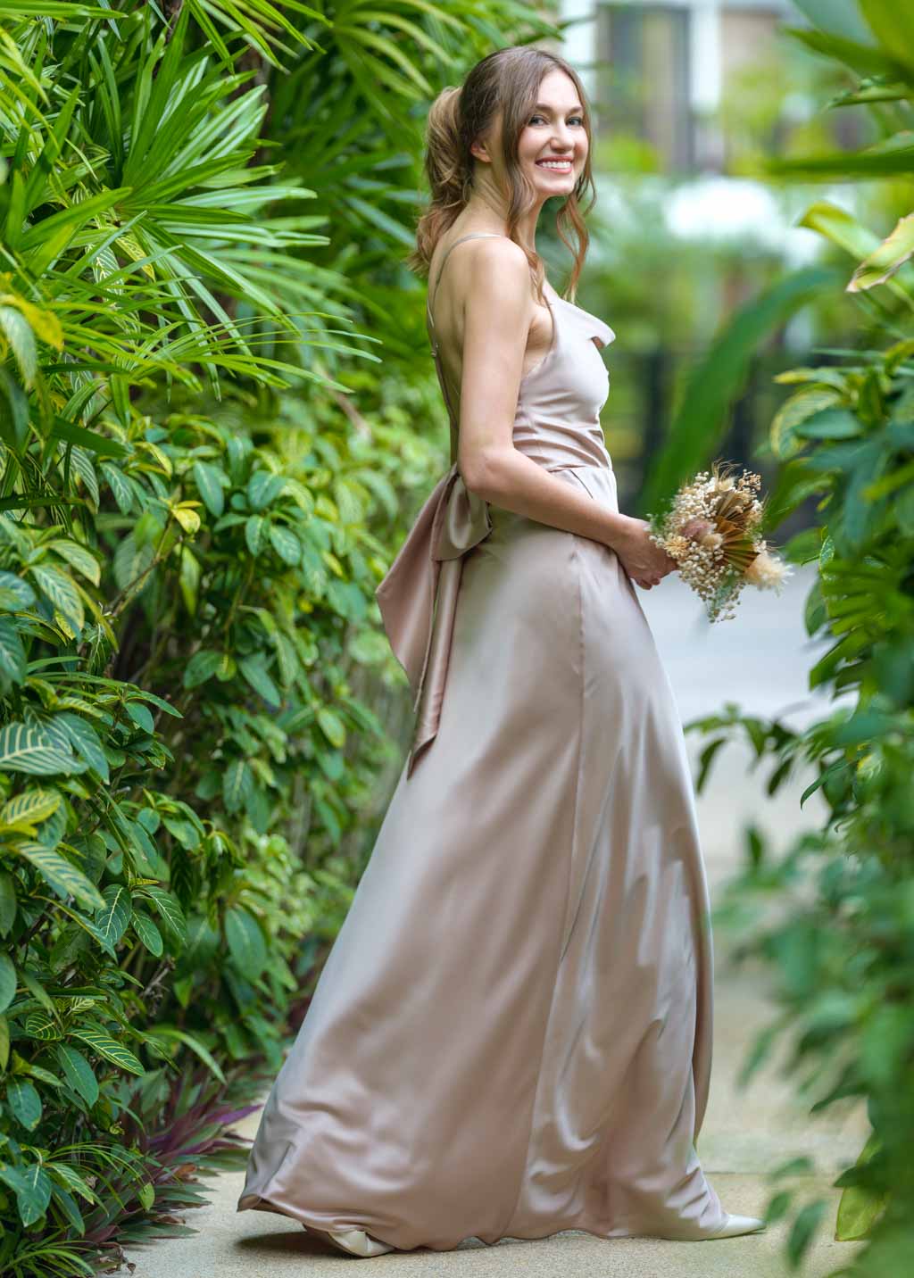 Champagne beige silk slip slit dress