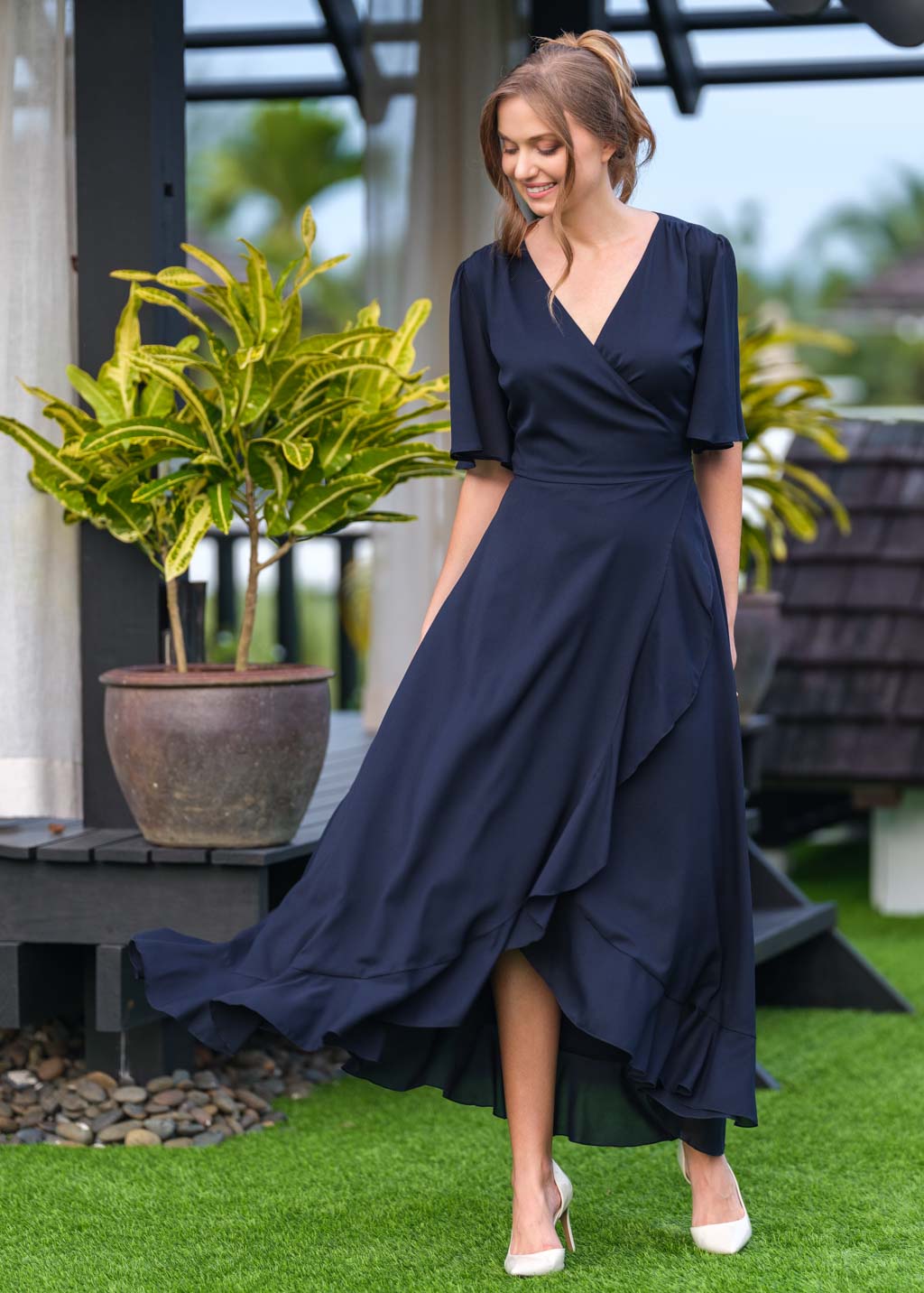 Navy blue chiffon wrap dress