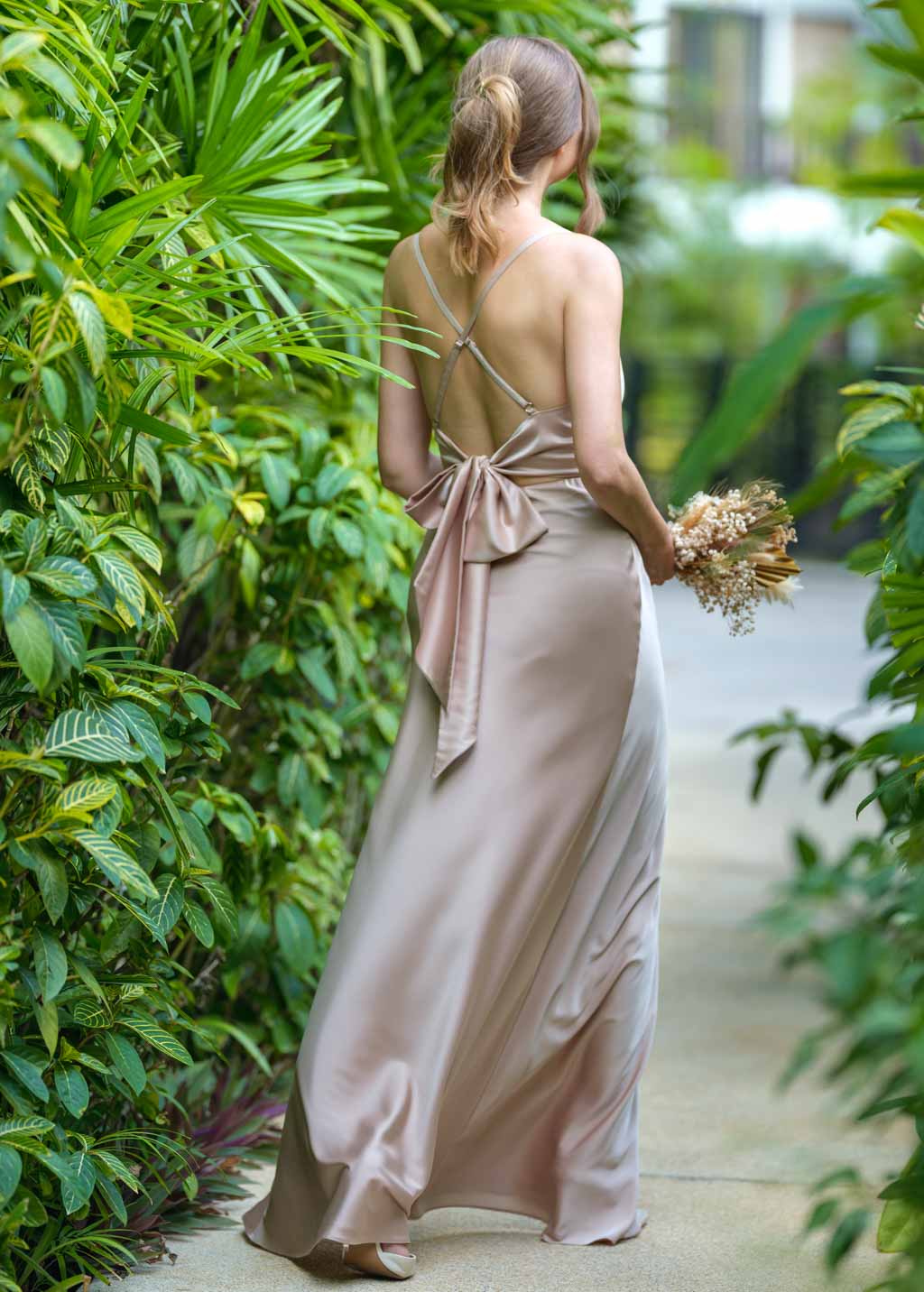 Champagne beige silk slip slit dress