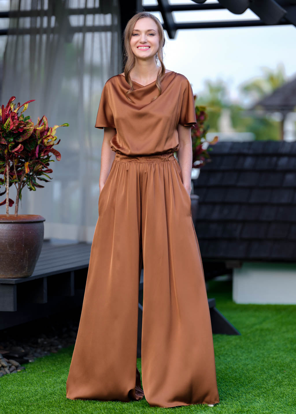 Copper gold silk jumpsuit