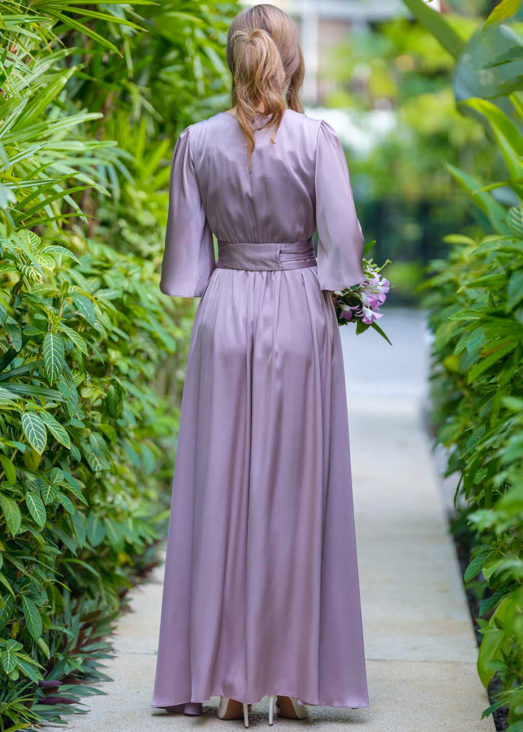 Taupe silk slit dress with belt
