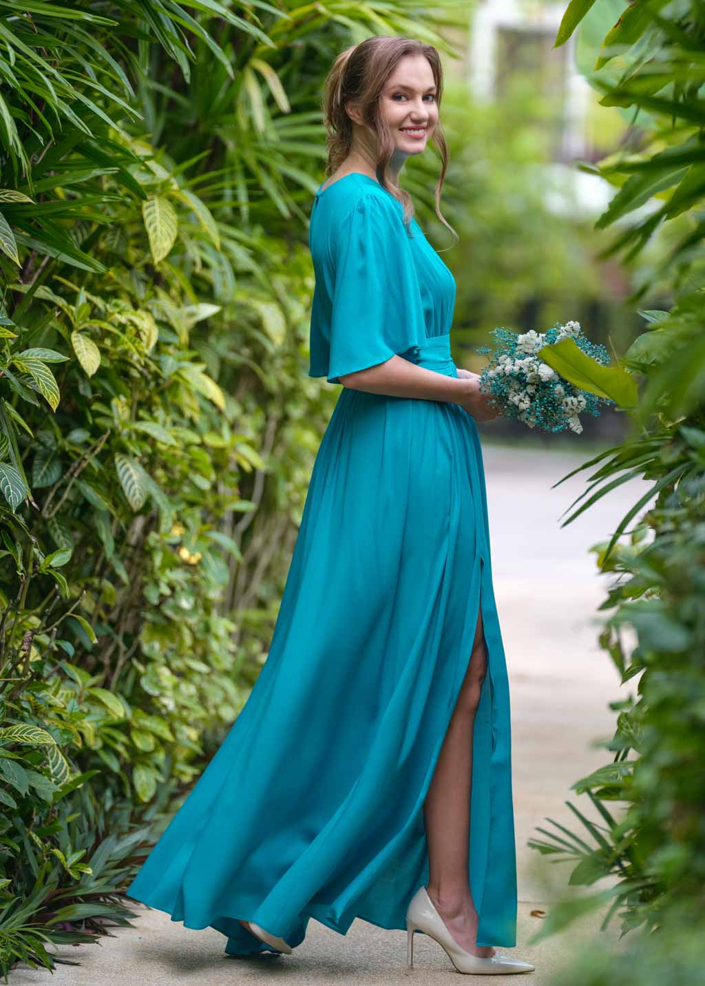 Turquoise slit dress with belt