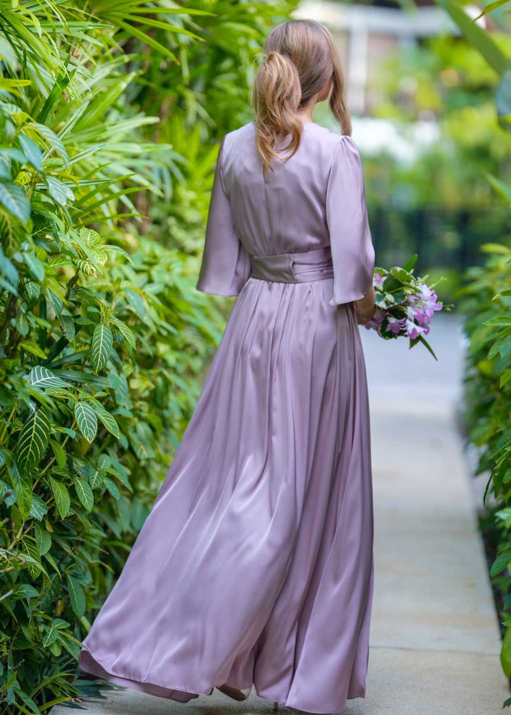Taupe silk slit dress with belt