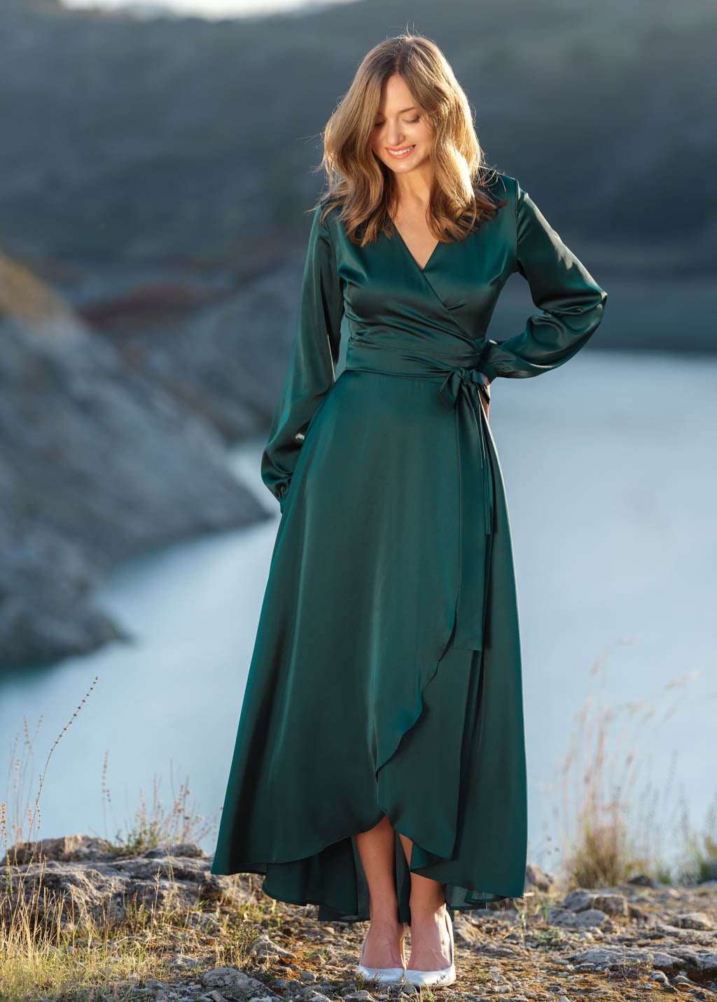 Dark green wrap silk dress