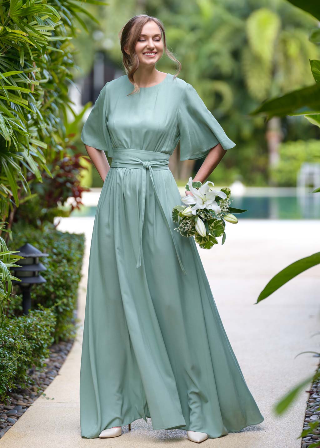 Sage green long dress with belt