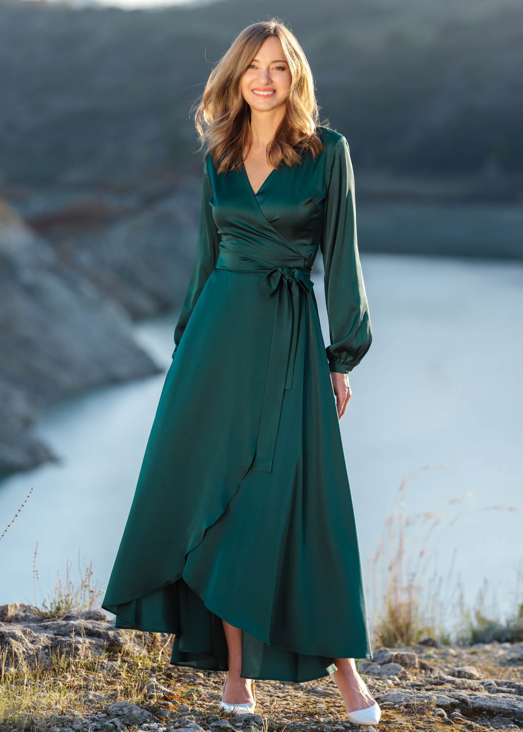 Dark green wrap silk dress