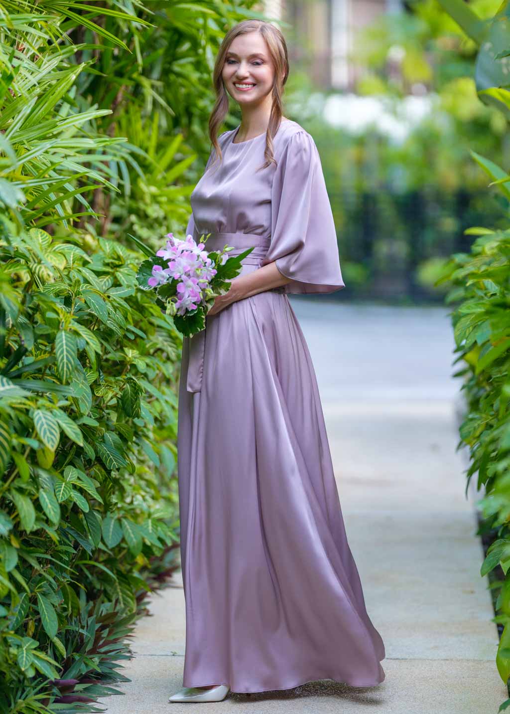 Taupe silk dress with belt