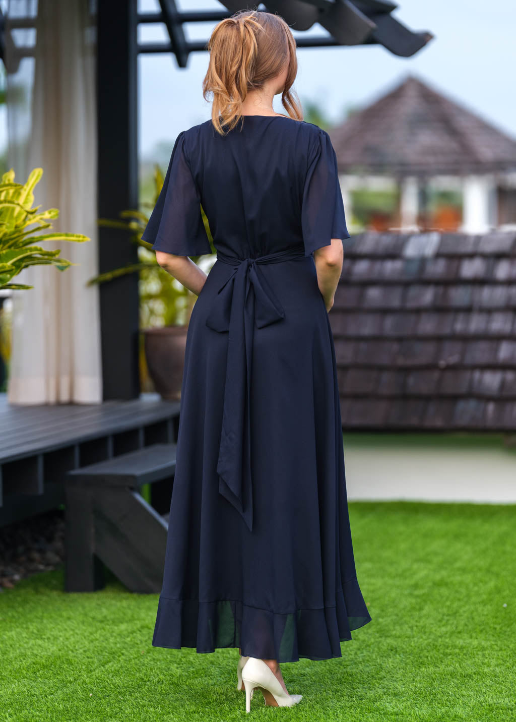 Navy blue chiffon wrap dress