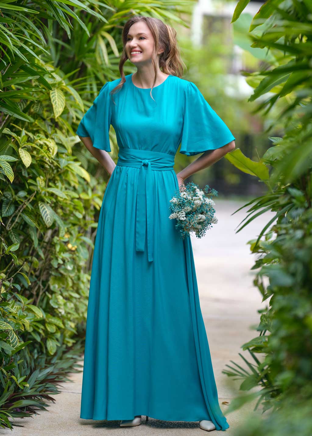 Turquoise slit dress with belt
