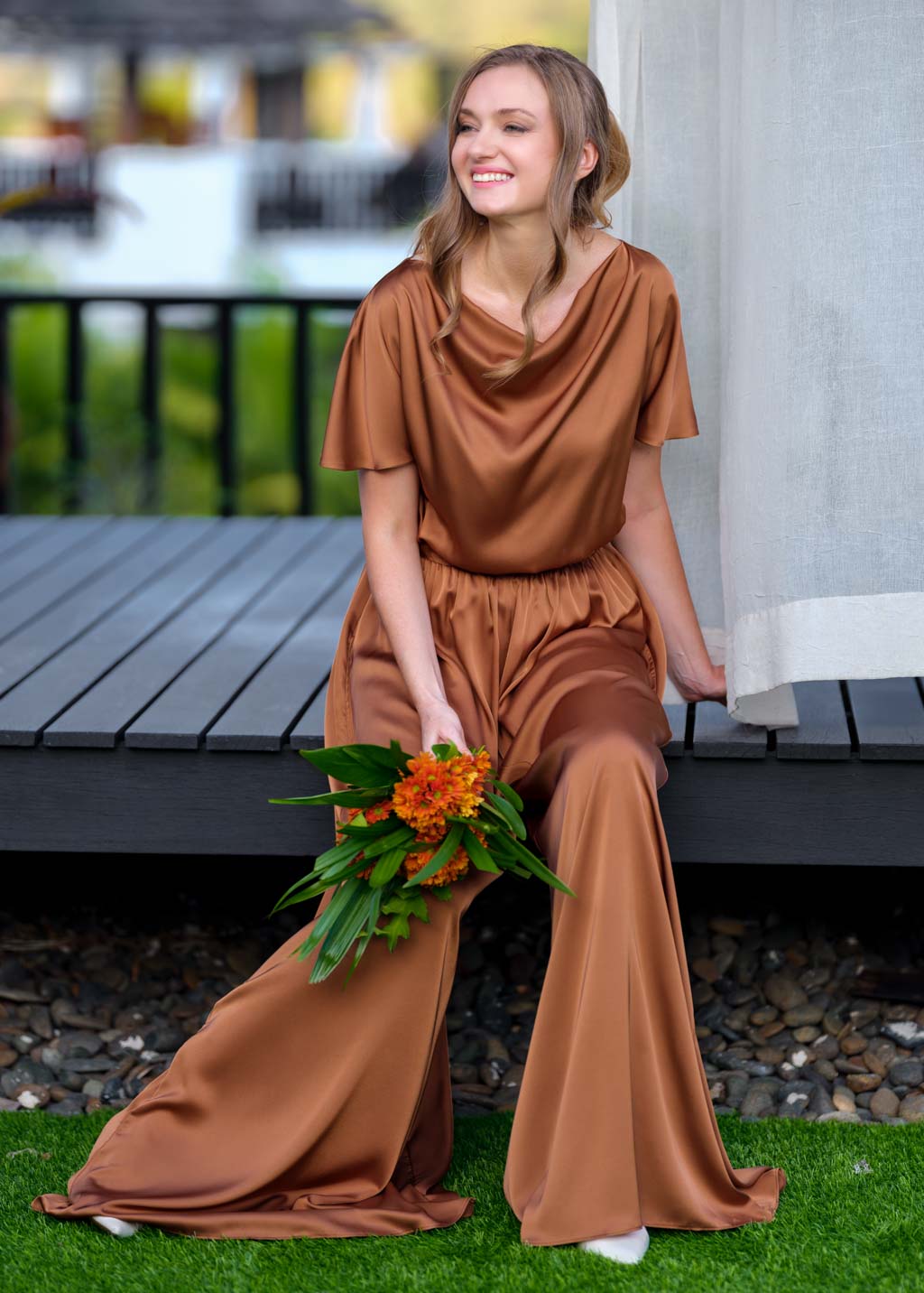 Copper gold silk jumpsuit