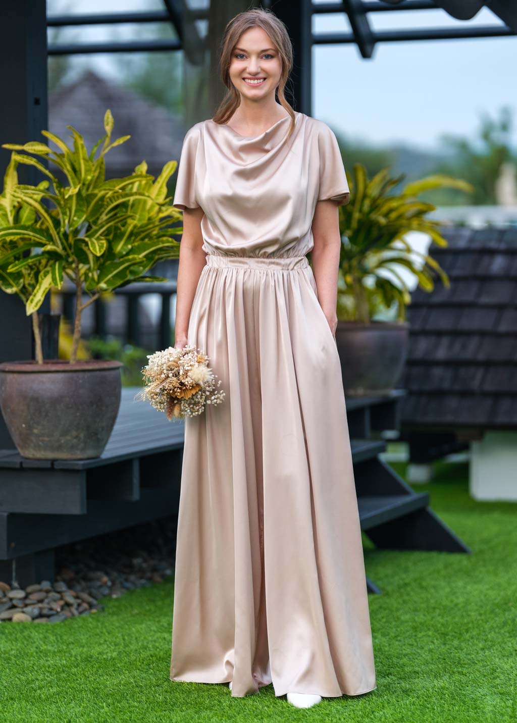 Champagne beige silk jumpsuit
