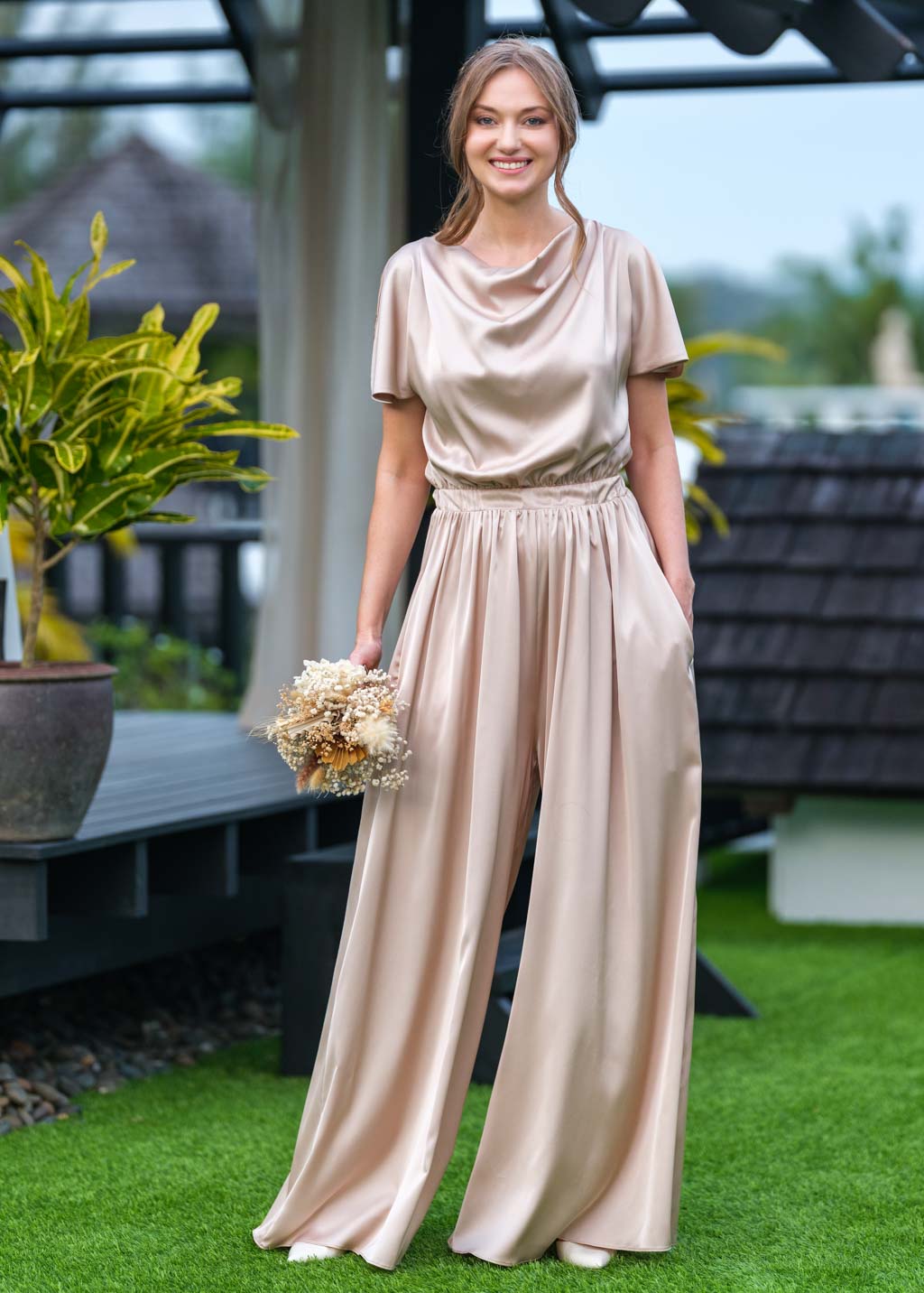Champagne beige silk jumpsuit