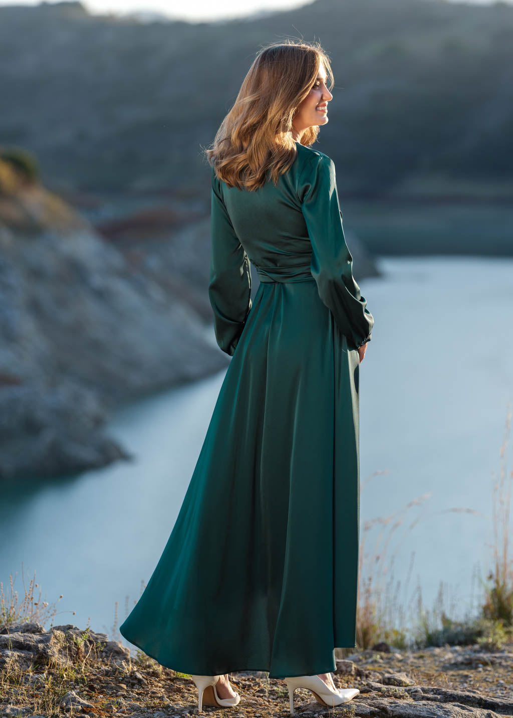 Dark green wrap silk dress