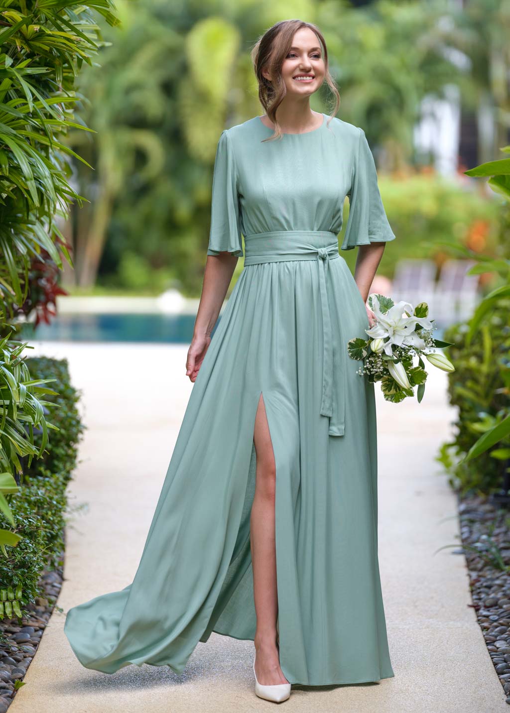 Sage green long dress with belt