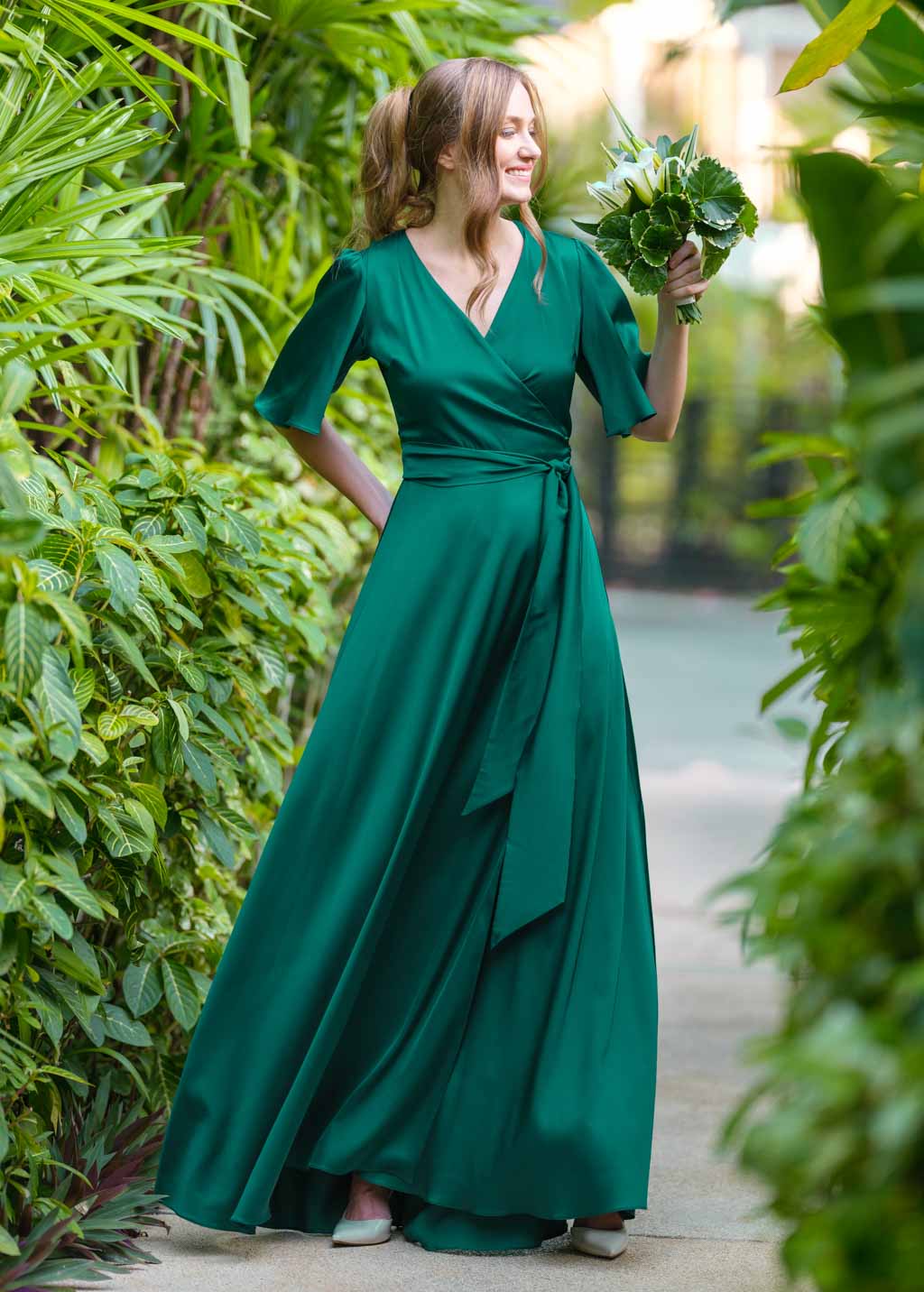 Emerald green wrap long dress