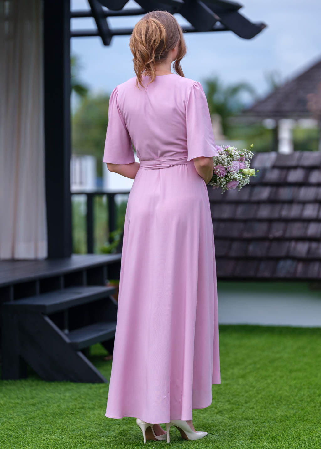 Rose pink romantic wrap dress