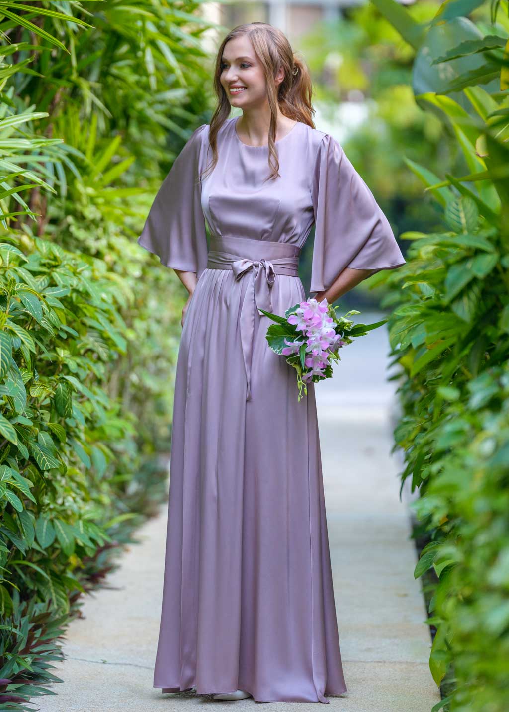 Taupe silk slit dress with belt