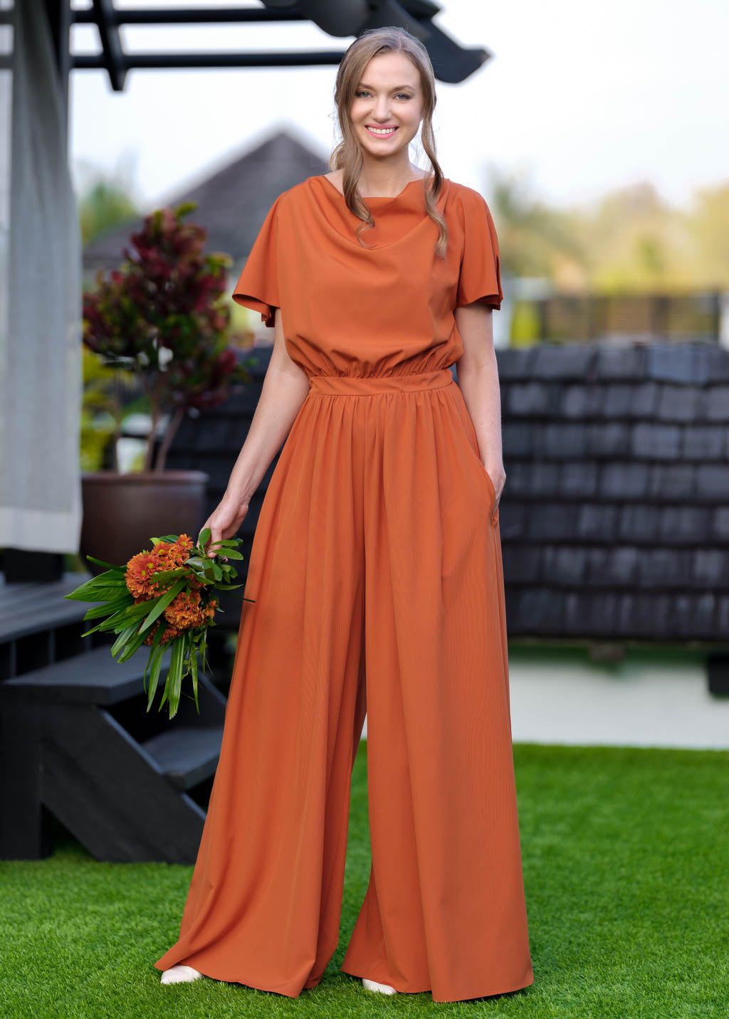 Rust orange crepe jumpsuit