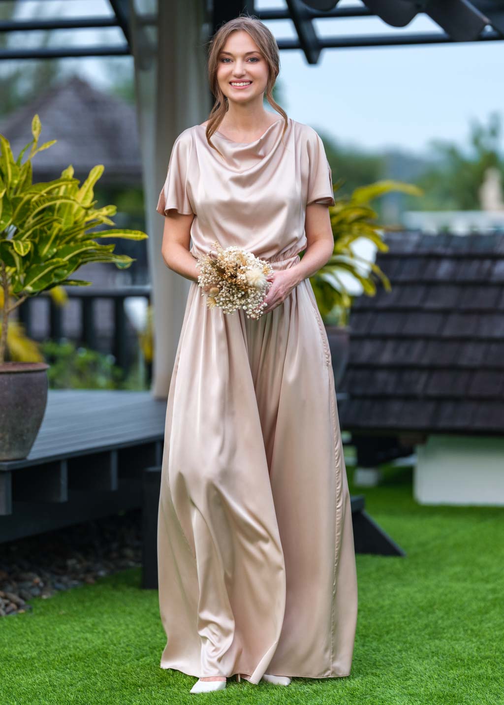 Champagne beige silk jumpsuit