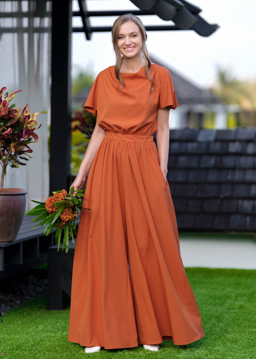 Rust orange crepe jumpsuit