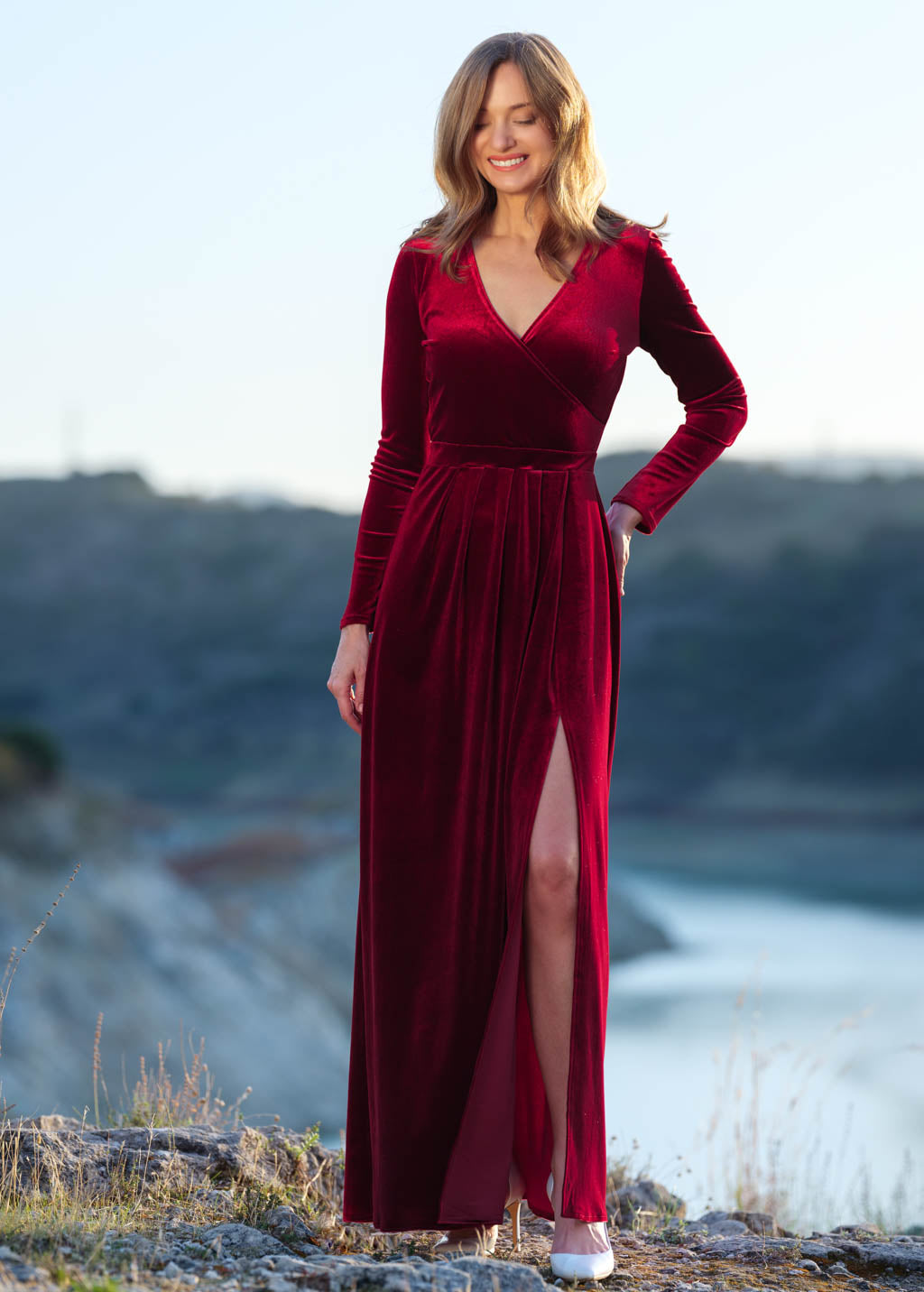Burgundy velvet wrap slit dress