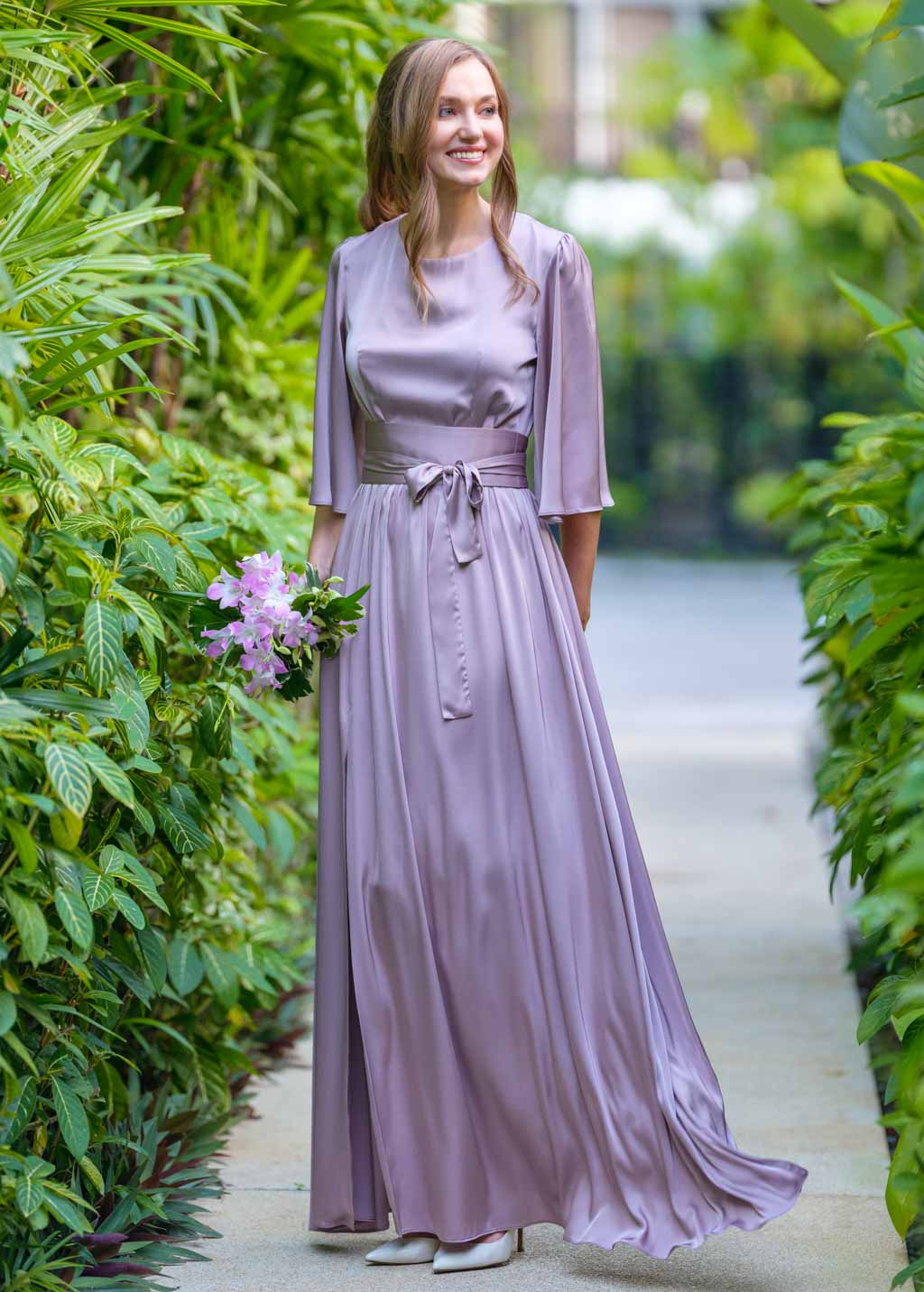 Taupe silk slit dress with belt