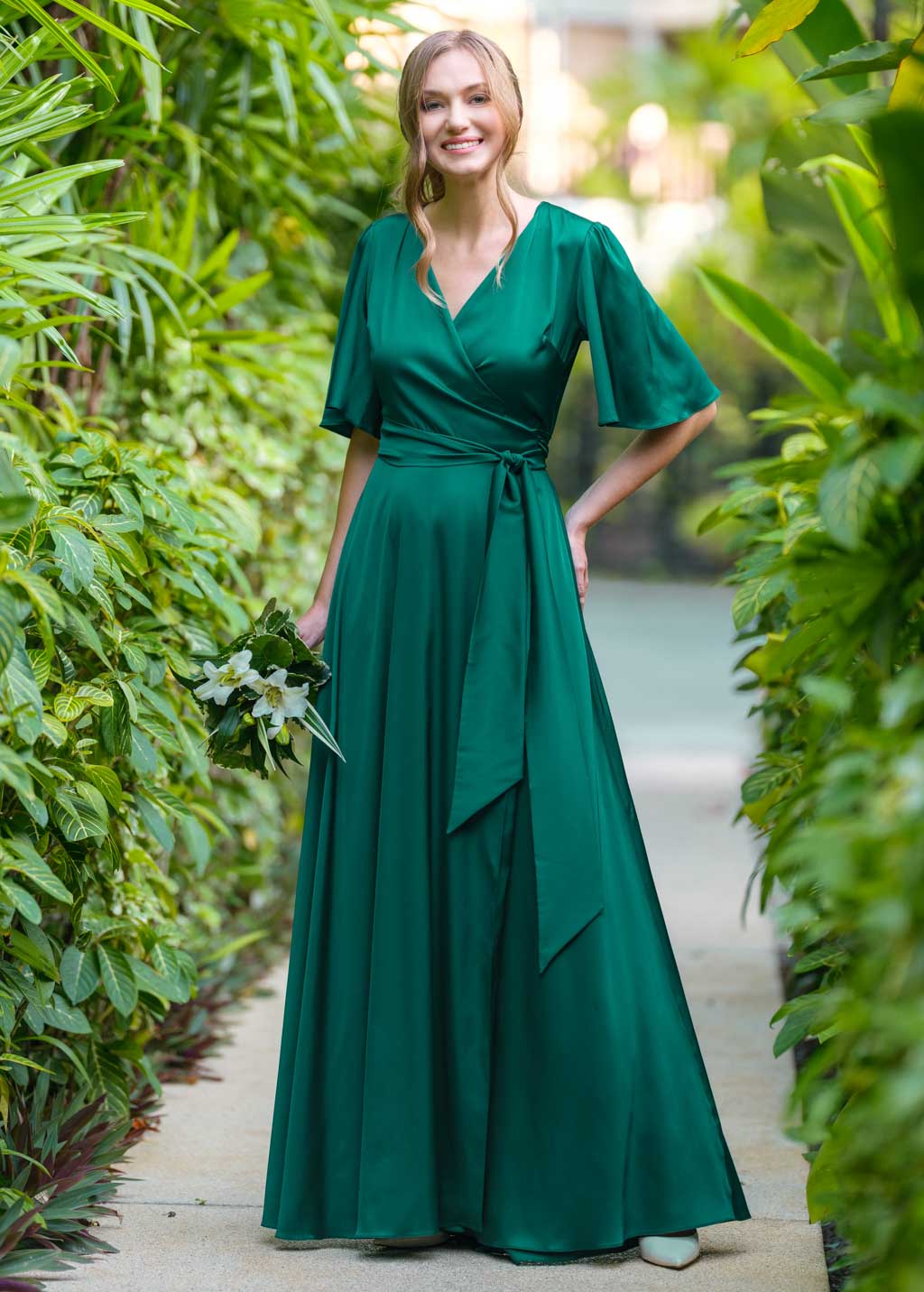Emerald green wrap long dress