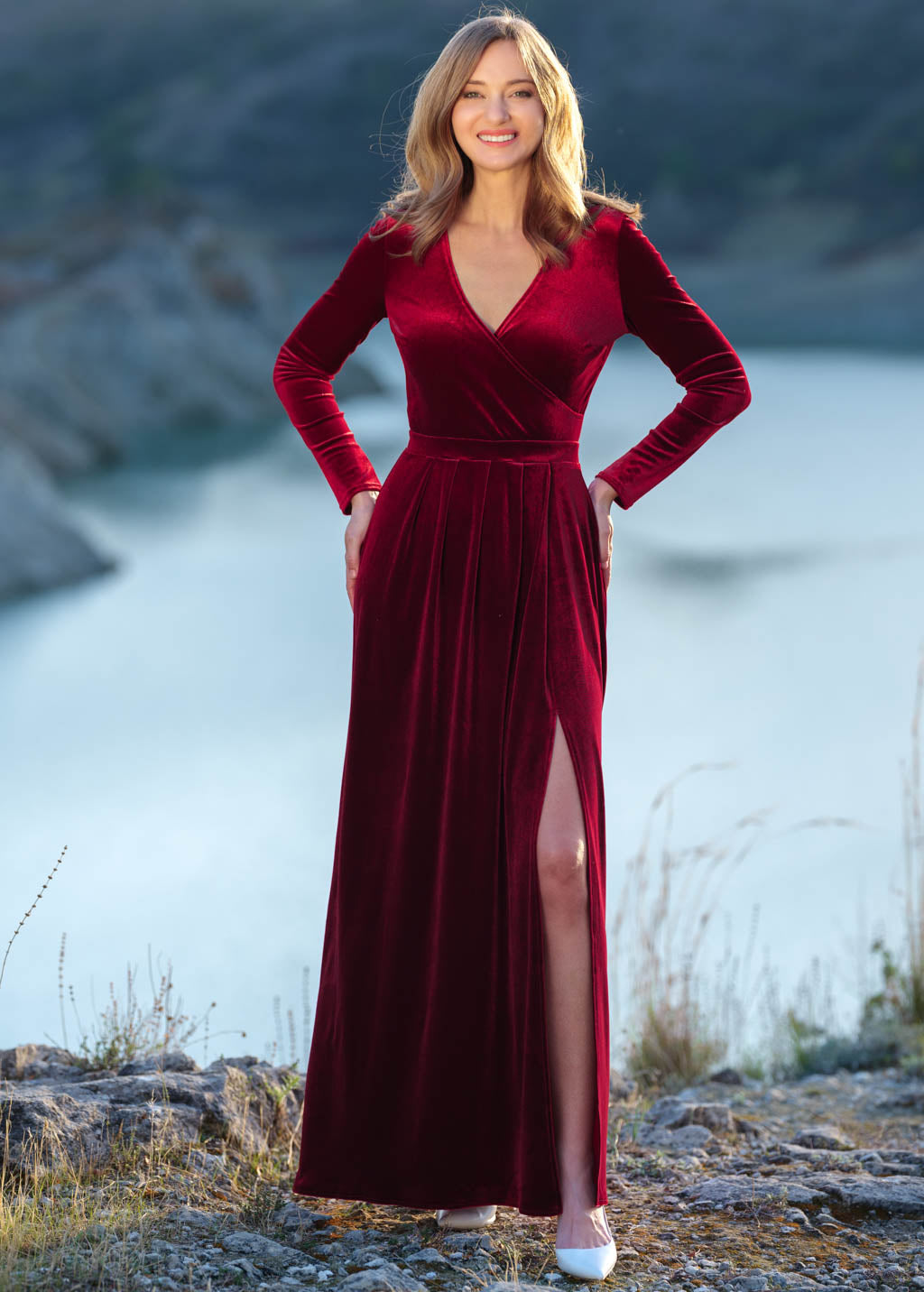 Burgundy velvet wrap slit dress