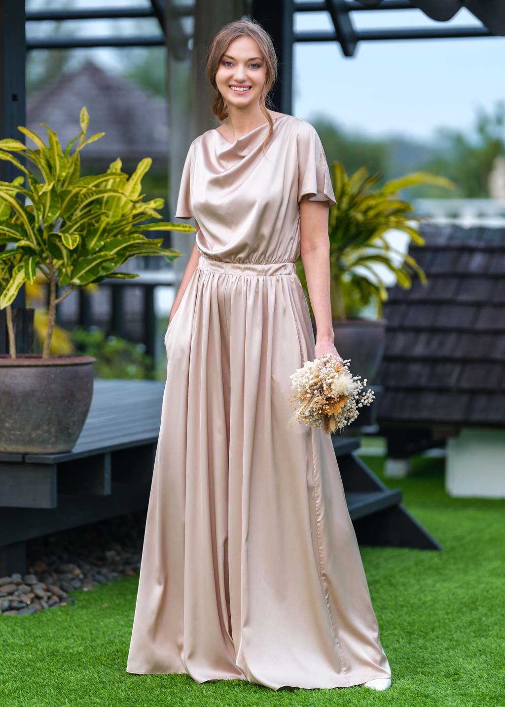 Champagne beige silk jumpsuit