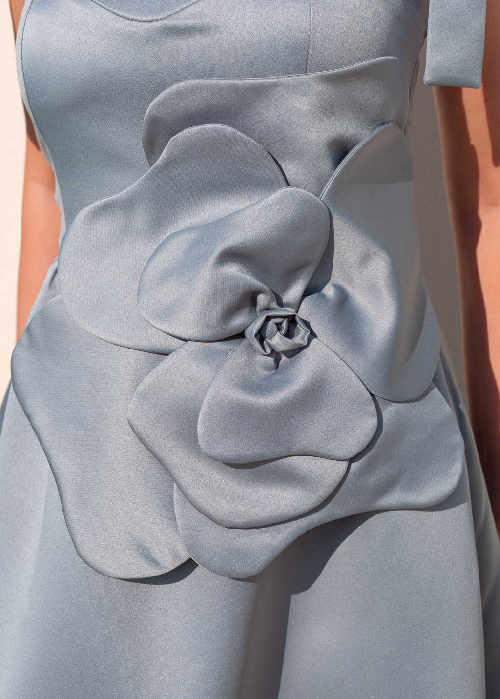 Silver grey long satin dress with ruffle hem & handmade flower