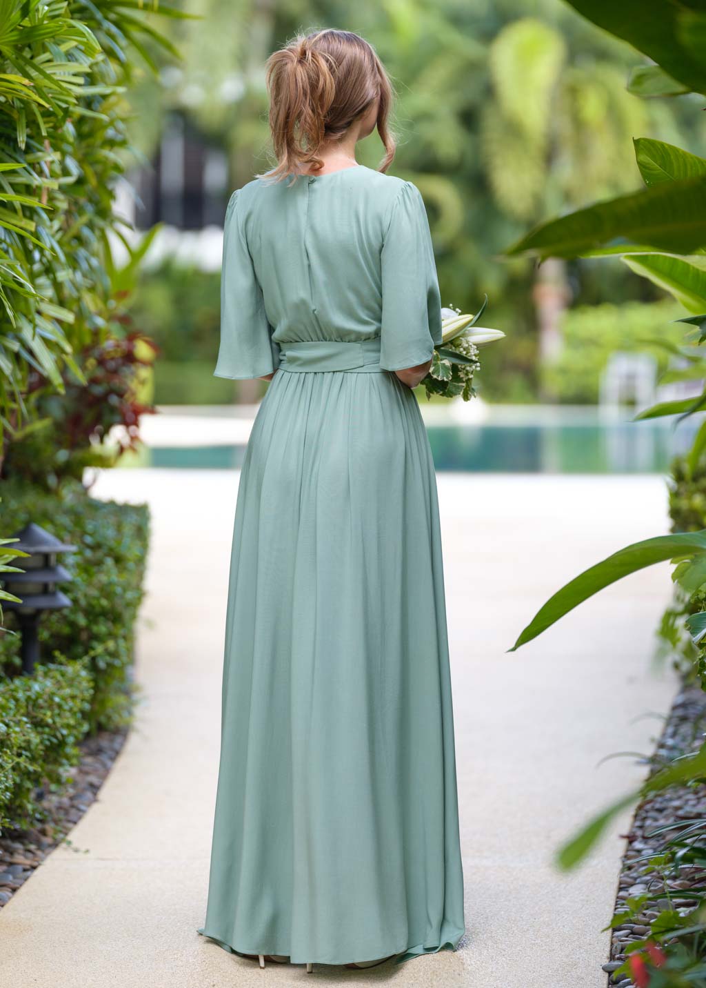 Sage green long dress with belt