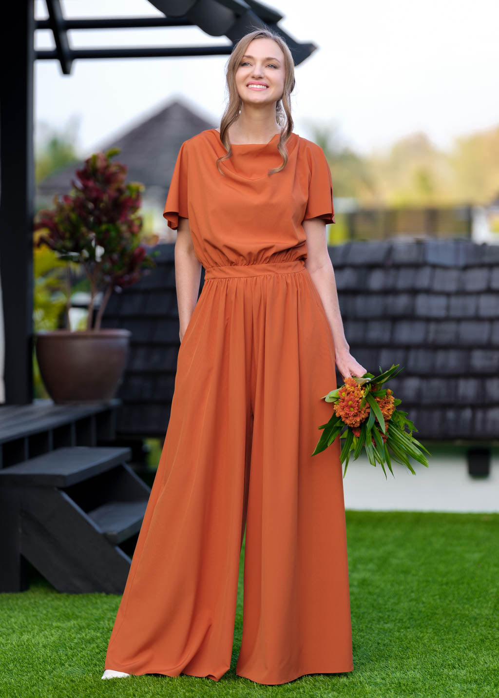 Rust orange crepe jumpsuit