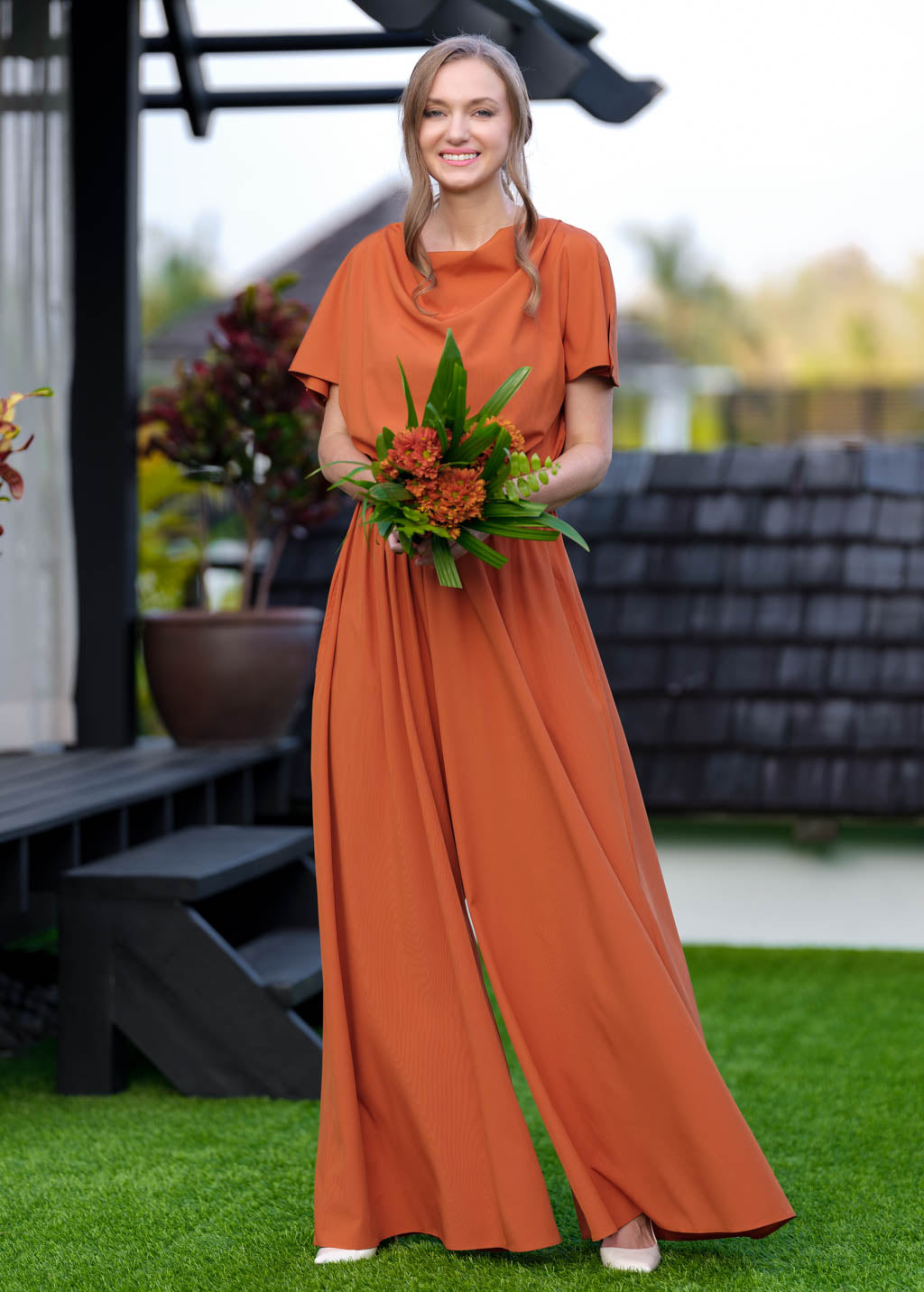 Rust orange crepe jumpsuit