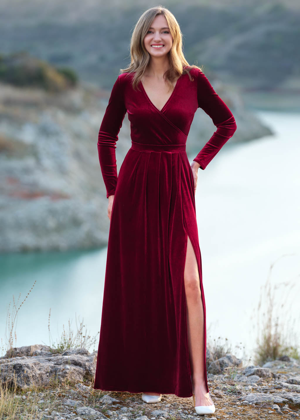 Burgundy velvet wrap slit dress