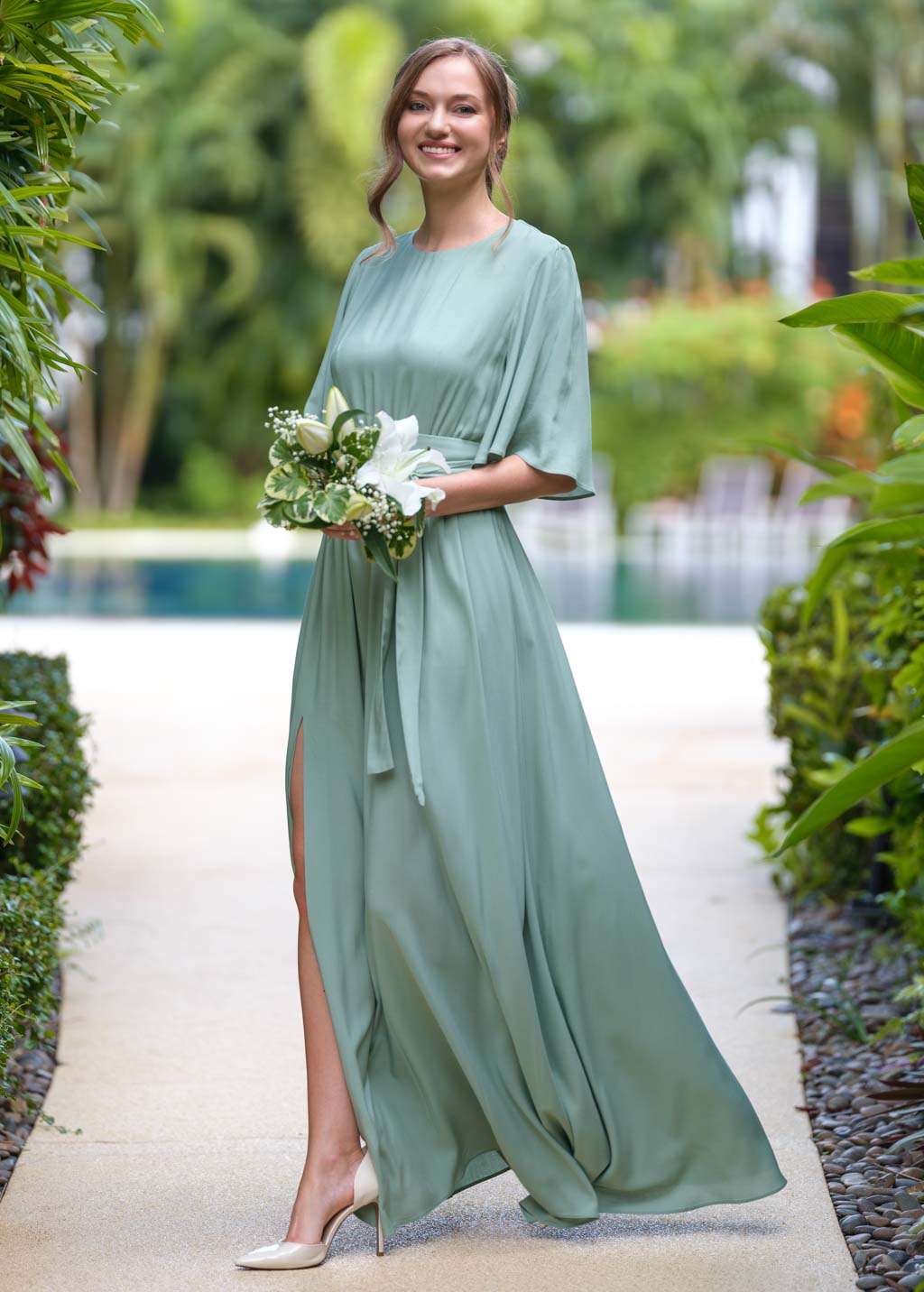 Sage green slit dress with belt